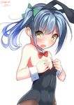  alternate_costume animal_ears bad_id bad_pixiv_id bare_shoulders blush bow bowtie breasts brown_legwear bunny_ears bunny_girl bunnysuit cleavage detached_collar fake_animal_ears fang grey_hair hair_ornament hair_ribbon hairband highres kantai_collection kasumi_(kantai_collection) leotard long_hair looking_at_viewer nebusoku open_mouth pantyhose ponytail ribbon side_ponytail simple_background small_breasts solo twitter_username white_background wrist_cuffs yellow_eyes 