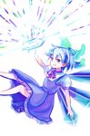  ba9ked blue_dress blue_eyes blue_hair bow cirno collared_shirt crystal dress hair_bow ice_crystal light open_mouth prism puffy_short_sleeves puffy_sleeves reflection ribbon shirt short_hair short_sleeves simple_background smile solo touhou white_background white_shirt 