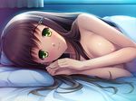  bed breasts brown_hair cleavage game_cg green_eyes hair_ornament kanou_karen kurosaki long_hair looking_at_viewer lying medium_breasts nipples on_side pillow smile solo uhou_renka 