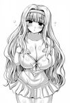  blush breasts cleavage grabbing greyscale hairband huge_breasts idolmaster idolmaster_(classic) large_breasts long_hair looking_at_viewer monochrome naoyama_masaru open_mouth parted_lips shijou_takane simple_background solo white_background 