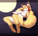  1girl 2015 anthro artist_request breasts canine female fox fur furry gold_eyes hair hazukikai kemono kemoo mammal moon night nude smile solo 