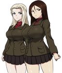  blonde_hair blue_eyes brown_hair butaneko clara_(girls_und_panzer) cowboy_shot girls_und_panzer highres jacket long_hair looking_at_viewer miniskirt multiple_girls nonna pleated_skirt pravda_school_uniform school_uniform skirt standing turtleneck white_background 