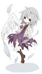  aida_(aidia) bangs boots bow bowtie feathered_wings feathers full_body grey_hair hair_between_eyes jacket kishin_sagume large_wings light_smile long_sleeves looking_at_viewer red_eyes short_hair simple_background single_wing skirt skirt_set solo tareme touhou white_background white_wings wings 