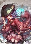  blue_hair bowl bowl_hat colored_eyelashes frills hair_between_eyes hat highres japanese_clothes kimono kiyomasa_ren kneeling looking_at_viewer minigirl obi open_mouth outstretched_arm oversized_object pointy_ears red_eyes revision sash short_hair smile solo sukuna_shinmyoumaru touhou 
