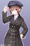  anti_(untea9) arm_up belt black_coat blue_hat brown_eyes brown_hair buttons coat commentary cowboy_shot expressionless hand_on_hip hat highres kantai_collection long_sleeves looking_at_viewer purple_background sailor_collar shirt short_hair simple_background solo standing twitter_username uniform white_shirt z3_max_schultz_(kantai_collection) 