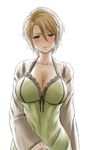  bangs blonde_hair blush breasts brown_eyes collarbone dress gareth_(granblue_fantasy) granblue_fantasy hair_between_eyes highres kanno_takanori large_breasts long_sleeves looking_at_viewer open_mouth short_hair simple_background solo white_background 