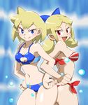  ass-to-ass back back-to-back bikini blonde_hair blue_bikini blue_eyes bow breasts cleavage cleavage_cutout eyebrows eyebrows_visible_through_hair hair_bow locked_arms low_twintails medium_breasts midriff multiple_girls navel onnaski open_mouth red_bikini red_eyes shantae_(series) shantae_and_the_pirate's_curse short_hair side-tie_bikini smile striped striped_bikini swimsuit tankini twintails twitch_(shantae) vinegar_(shantae) 