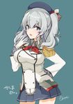  blue_eyes breasts chrono_(himadon) epaulettes hat highres kantai_collection kashima_(kantai_collection) large_breasts long_hair looking_at_viewer military military_uniform miniskirt silver_hair skirt solo twintails uniform wavy_hair 