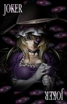  black_background blonde_hair breasts card card_(medium) choker cleavage dress elbow_gloves evil_grin evil_smile eyeball fangs gap gloves glowing glowing_eye grin hat hat_ribbon highres large_breasts lips mob_cap parasol playing_card puffy_short_sleeves puffy_sleeves purple_dress purple_eyes ribbon short_sleeves smile solo teeth touhou umbrella yakumo_yukari yoiti 