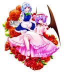 ankle_socks apron bad_id bad_pixiv_id bat_wings blue_hair braid cup expressionless floral_background flower hand_on_own_chin hat hat_ribbon high_heels himeka izayoi_sakuya lavender_hair looking_at_viewer maid_apron maid_headdress mob_cap multiple_girls parted_lips puffy_short_sleeves puffy_sleeves red_eyes red_flower red_rose remilia_scarlet ribbon ribbon-trimmed_legwear ribbon_trim rose short_hair short_sleeves simple_background sitting skirt skirt_set teacup teapot touhou tray twin_braids white_background wings wrist_cuffs 