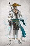  electricity fezat gloves grey_background hat japanese_clothes long_hair male_focus marker_(medium) mixed_media mortal_kombat raiden_(mortal_kombat) solo traditional_media white_eyes white_hair 