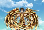  armor bad_id bad_pixiv_id blush brown_hair closed_eyes cloud day gauntlets gloves male_focus metal_wings open_mouth sagittarius_aioros saint_seiya scopion_spica sky solo 