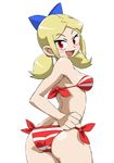  ass back bandeau bangs bare_shoulders bikini blonde_hair bow breasts butt_crack cowboy_shot eyebrows eyebrows_visible_through_hair hair_bow looking_at_viewer looking_back low_twintails medium_breasts onnaski parted_bangs red_bikini red_eyes shantae_(series) shantae_and_the_pirate's_curse short_twintails side-tie_bikini sidelocks solo striped striped_bikini swimsuit twintails twitch_(shantae) underboob white_background 