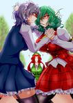  =v= ascot blush_stickers braid breasts clenched_hands clenched_teeth fighting food garter_straps green_hair hair_pull heart heavy_breathing highres hong_meiling impossible_clothes izayoi_sakuya juliet_sleeves kazami_yuuka large_breasts long_sleeves maid multiple_girls pantyhose pocky pocky_kiss puffy_sleeves red_eyes red_hair s-m!le_yuu shaded_face shared_food short_hair sweat teeth thick_thighs thighhighs thighs touhou tree trembling vest white_hair yuri 