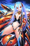  :d bad_id bad_pixiv_id bare_shoulders blue_hair blue_sky bodysuit cleavage_cutout cloud eyebrows eyebrows_visible_through_hair eyes_visible_through_hair gloves hair_between_eyes hand_on_own_thigh highres leaning_back long_hair looking_at_viewer mecha_musume navel navel_cutout open_mouth original outdoors red_eyes revision science_fiction sitting sky smile solo solru spread_legs very_long_hair 