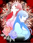  black_hair blood+ blue_eyes blue_flower blue_rose breasts cleavage color_connection diva_(blood+) dress flower long_hair maiko_(mimi) medium_breasts multiple_girls otonashi_saya red_eyes red_flower red_rose rose siblings sisters upper_body 