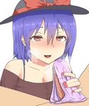  1girl bare_shoulders blue_hair blush bow breath clothed_female_nude_male earrings eyebrows_visible_through_hair hat hat_bow hetero jewelry looking_at_viewer nagae_iku nail_polish nude open_mouth panties pantyjob penis pov pov_crotch red_eyes red_nails short_hair smile solo_focus touhou underwear zakku_(kya--193) 