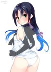  back bad_id bad_pixiv_id black_hair blue_hair blush breasts elbow_gloves gloves gradient_hair green_eyes hair_ribbon highres kantai_collection long_hair looking_at_viewer looking_back low_twintails multicolored_hair nebusoku no_pants panties ribbon school_uniform serafuku simple_background small_breasts solo suzukaze_(kantai_collection) twintails twitter_username underwear white_background white_panties 