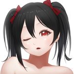  bad_id bad_pixiv_id bangs black_hair bon_nob bow hair_between_eyes hair_bow looking_at_viewer love_live! love_live!_school_idol_project nude one_eye_closed parted_lips red_bow red_eyes signature simple_background solo twintails white_background yazawa_nico 