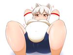  &gt;:( :t animal_ears annoyed big_belly bike_shorts body_blush breasts commentary covered_navel exercise fat frown hitotsubashi_inari inubashiri_momiji large_breasts obese pout red_eyes silver_hair sit-up solo sweat touhou v-shaped_eyebrows wolf_ears 