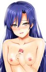  bad_id bad_pixiv_id blush breasts collarbone commentary_request condom highres idolmaster idolmaster_(classic) inu_(marukome) kisaragi_chihaya long_hair looking_at_viewer nipples nude open_mouth red_eyes revision small_breasts solo upper_body very_long_hair 
