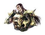  armor black_hair flower gauntlets gloves gold_armor gold_saint headwear_removed helmet helmet_removed horns long_hair male_focus q_azieru saint_seiya simple_background solo taurus_aldebaran white_background 