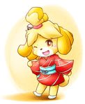  animal_crossing anthro black_nose blonde_hair blush canine clothing dog doubutsu_no_mori female fur furry hair hair_ornament happy isabelle_(animal_crossing) japanese_clothing mammal nintendo one_eye_closed open_mouth shizue_(doubutsu_no_mori) short_hair solo unknown_artist video_games white_fur wink yellow_fur 