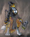  2015 anthro blue_eyes breasts canine chain chest_tuft digimon female fox fur hammer hood looking_at_viewer mammal nipples renamon robes s-nina solo tools tuft weapon white_fur yellow_fur 