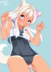  animal_ears bad_id bad_pixiv_id bare_shoulders blonde_hair blue_background blue_eyes blush claw_pose crop_top dog_ears dog_tail fang flower hair_between_eyes hair_flower hair_ornament highres kantai_collection long_hair looking_at_viewer nebusoku one-piece_tan open_mouth ro-500_(kantai_collection) sailor_collar school_swimsuit school_uniform serafuku simple_background solo swimsuit swimsuit_under_clothes tail tan tanline 