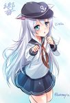  :o absurdres anchor_symbol animal_ears artist_name blue_background blue_eyes blue_skirt blush cat_ears cat_tail character_name flat_cap hat hibiki_(kantai_collection) highres kantai_collection karumayu kemonomimi_mode long_hair long_sleeves looking_at_viewer neckerchief open_mouth parted_lips paw_pose pleated_skirt sailor_collar school_uniform serafuku shirt silver_hair simple_background skirt solo tail twitter_username very_long_hair white_hair white_shirt 