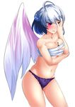  angel_wings ass_visible_through_thighs bad_id bad_pixiv_id blush breasts budget_sarashi cleavage highres hitotsuki_nebura kishin_sagume large_breasts panties pink_eyes purple_panties sarashi silver_hair single_wing solo tears touhou underboob underwear wings 