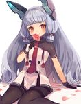  black_legwear dress flower gloves headgear holding kantai_collection long_hair looking_at_viewer murakumo_(kantai_collection) necktie orange_eyes pantyhose petals remodel_(kantai_collection) short_sleeves shugao silver_hair sitting smelling_flower smile solo thighband_pantyhose 