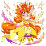  absurdres amanogawa_kirara bad_id bad_pixiv_id brown_hair cowboy_shot cure_twinkle earrings gloves go!_princess_precure grin highres jewelry long_hair magical_girl multicolored_hair precure purple_eyes quad_tails red_hair sharumon skirt smile solo star star_earrings streaked_hair thighhighs twintails two-tone_hair white_background white_gloves white_legwear 