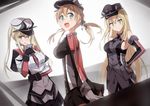  bismarck_(kantai_collection) blonde_hair blue_eyes breasts gloves graf_zeppelin_(kantai_collection) hand_on_hip hat impossible_clothes kantai_collection large_breasts long_hair multiple_girls peaked_cap prinz_eugen_(kantai_collection) smile tomato_(lsj44867) twintails uniform 