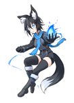  animal_ears bike_shorts black_hair black_legwear blue_eyes borrowed_character fox_ears fox_tail gloves nanashi_(ganesagi) original scarf shiro_maru short_hair solo tail thighhighs 