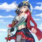  breasts dual_wielding gun handgun hat highres holding large_breasts long_hair looking_at_viewer mauser_c96 pistol purple_eyes shoulder_stock silver_hair solo tenkuu_no_craft_fleet thighhighs tuubou weapon 