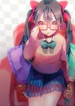  adjusting_eyewear amana_raika armchair bespectacled black_hair bow bowtie box candy chair checkered collared_shirt food food_in_mouth frilled_pillow frills glasses hair_between_eyes hair_bow heart jewelry lollipop long_hair long_sleeves love_live! love_live!_school_idol_project miniskirt mouth_hold otonokizaka_school_uniform pillow pleated_skirt pocky red-framed_eyewear red_eyes ring school_uniform shirt skirt solo striped striped_bow striped_neckwear sweater twintails yazawa_nico 