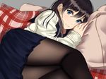  black_hair black_legwear blue_eyes highres long_sleeves looking_at_viewer lying on_side original pantyhose pillow saitou_(lynx-shrike) school_uniform serafuku skirt solo uniform 