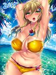  2015 armpits arms_behind_head beach bikini blonde_hair blush breasts cleavage day green_eyes groin hair_ornament kuon_michiyoshi large_breasts long_hair looking_at_viewer navel ocean open_mouth original palm_tree plump purple_bikini_bottom solo swimsuit teeth tongue tree wet yellow_bikini 