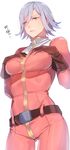  aqua_eyes azee_gurumin belt bodysuit breast_suppress breasts cowboy_shot gloves gundam gundam_tekketsu_no_orphans hands_on_own_chest kurumiya_hato large_breasts pink_bodysuit short_hair silver_hair simple_background solo white_background 