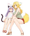  ahoge angelo_(gomahangetsu) animal_ears blonde_hair breasts cat_ears cat_tail cornet-san_(angelo) flat_chest fox_ears fox_tail green_eyes highres huge_ahoge kaori-san_(angelo) large_breasts looking_at_viewer multiple_girls original purple_hair red_eyes simple_background smile tail white_background 