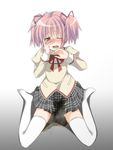  blush covering_face crying kaname_madoka mahou_shoujo_madoka_magica pee peeing peeing_self pink_hair red_eyes ribbon seiza sitting skirt solo stained_clothes tears white_legwear yonekura_kihiro 