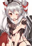  ;o amatsukaze_(kantai_collection) black_panties blush breasts highres kantai_collection long_hair mika_pikazo one_eye_closed panties red_legwear school_uniform serafuku silver_hair simple_background small_breasts solo sweatdrop thighhighs torn_clothes torn_legwear two_side_up underwear white_background yellow_eyes 