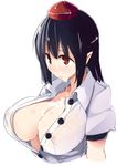  black_hair breasts cleavage commentary_request covered_nipples facial hat kamukamu_(ars) large_breasts no_bra open_clothes pointy_ears red_eyes shameimaru_aya simple_background solo suggestive_fluid touhou white_background 