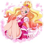  ;d absurdres bad_id bad_pixiv_id bare_legs blonde_hair choker cure_flora earrings eyebrows flower flower_earrings gloves go!_princess_precure gradient_hair green_eyes haruno_haruka highres jewelry long_hair magical_girl multicolored_hair one_eye_closed open_mouth outstretched_hand pink_hair pink_skirt precure sharumon skirt smile solo streaked_hair thick_eyebrows two-tone_hair white_background white_gloves 