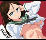  alternate_costume arm_up blue_eyes breasts brown_hair girls_und_panzer kani_club large_breasts long_hair looking_at_viewer navel nonna ooarai_school_uniform open_mouth school_uniform simple_background solo translated underboob 