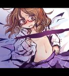  blush brown_eyes brown_hair censored glasses heavy_breathing letterboxed long_sleeves looking_at_viewer lowres lying navel no_bra on_back open_clothes open_mouth open_shirt pote_(ptkan) red-framed_eyewear shirt skirt solo touhou trembling usami_sumireko wavy_hair 