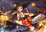  arm_warmers broom broom_riding brown_eyes brown_hair dress earrings finger_to_mouth halloween hand_on_headwear hat hat_ribbon idolmaster idolmaster_cinderella_girls idolmaster_cinderella_girls_starlight_stage index_finger_raised jack-o'-lantern jewelry long_hair mary_janes night night_sky nitta_minami parted_lips pumpkin ribbon sheska_xue shoes sidesaddle sky smile solo spider_web_print star star_(sky) star_earrings starry_sky striped striped_legwear thighhighs witch witch_hat 