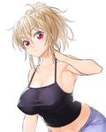  :&lt; bangs blonde_hair breasts camisole cleavage closed_mouth hair_between_eyes hand_on_own_neck large_breasts long_hair looking_at_viewer midriff navel onsoku_maru original ponytail red_eyes simple_background sketch solo taut_clothes upper_body white_background 
