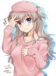  :3 absurdres bare_shoulders beret blue_eyes blush brown_hair charlotte_(anime) collarbone dated hand_on_forehead hat highres long_sleeves looking_at_viewer misaki_juri off_shoulder pink_sweater sidelocks simple_background smile solo strap sweater tomori_nao translation_request two_side_up upper_body white_background 